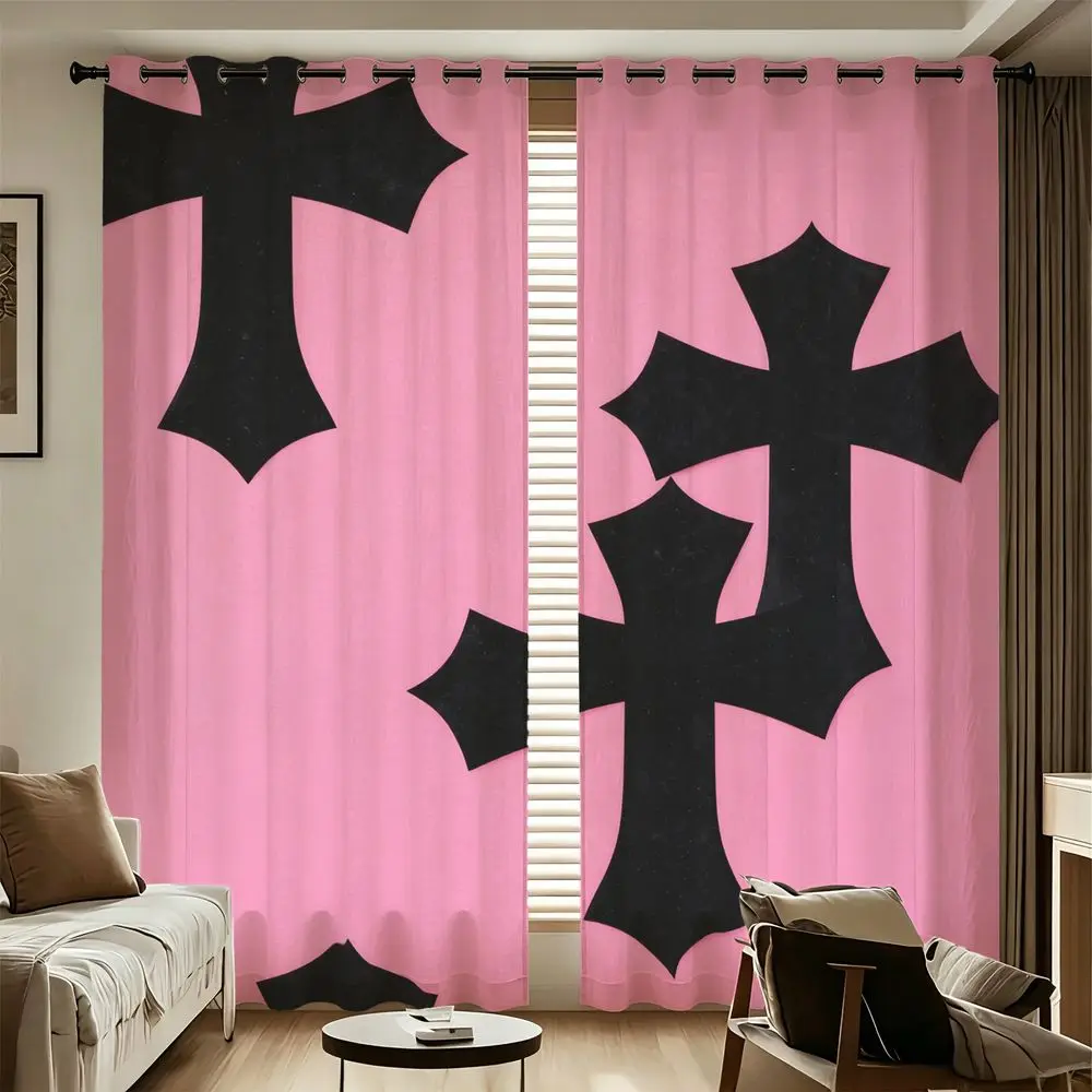 Pink Black Cross Printed Curtains 2 Panels Gothic Style Window Drapes Soft Fabric Room Curtains For Bedroom Home Decor