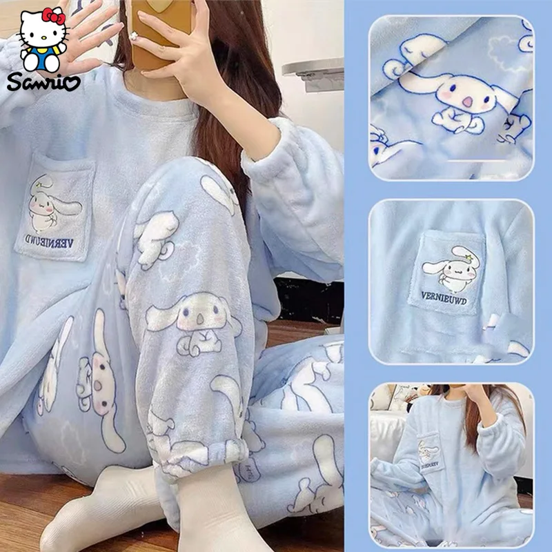 

Kawaii Sanrio пижамы Cinnamoroll пижама брюки Kuromi Домашняя одежда зимняя теплая одежда комплект кораллового флиса одежда для сна женские рождественские подарки