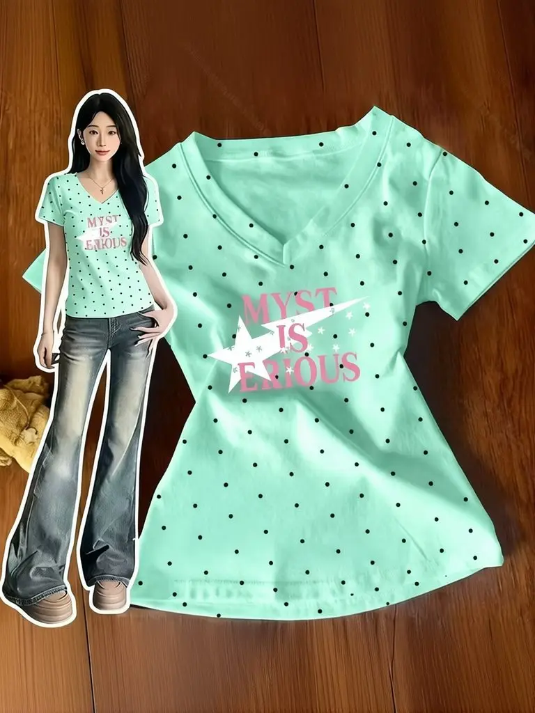Polka Dot Y2k T-Shirts für Damen, Kawaii Sweet Girl Kurzarm-Shirt, Vintage Slim Fit V-Ausschnitt Sommer-Top