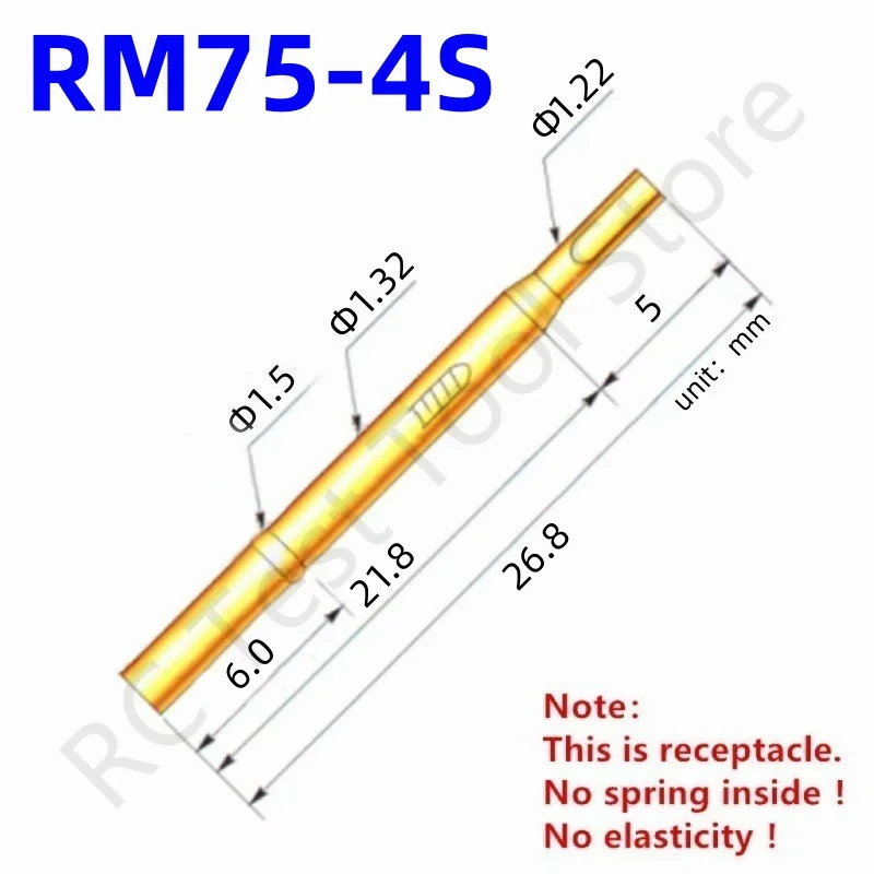 

100PCS RM75-4S Test Pin PM75-B1 Receptacle Brass Tube Needle Sleeve Seat Solder Connect Probe Sleeve 26.8mm Outer Dia 1.32mm