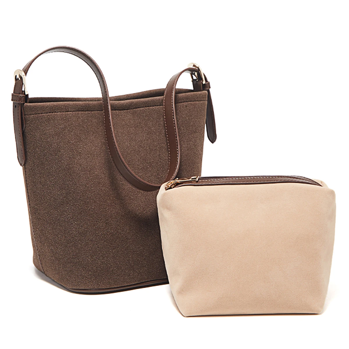 FOXER Autumn Winter Women's Shoulder Bag 2-in-1 Fashion Leather Bucket Bag Retro Female Crossbody Purse