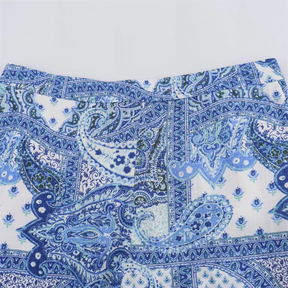 2024ZAR Summer New Women\'s European and American Style Paisley Printed Shirt High Waist Loose Wide Leg Pants Set