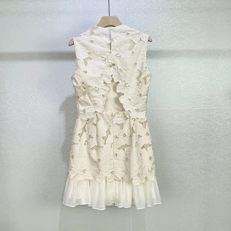 Women French Cream Lace Openwork Embroidery Flower Backless Sleeveless Dress High Quality Sweet Wedding Party Lady Vest Dress