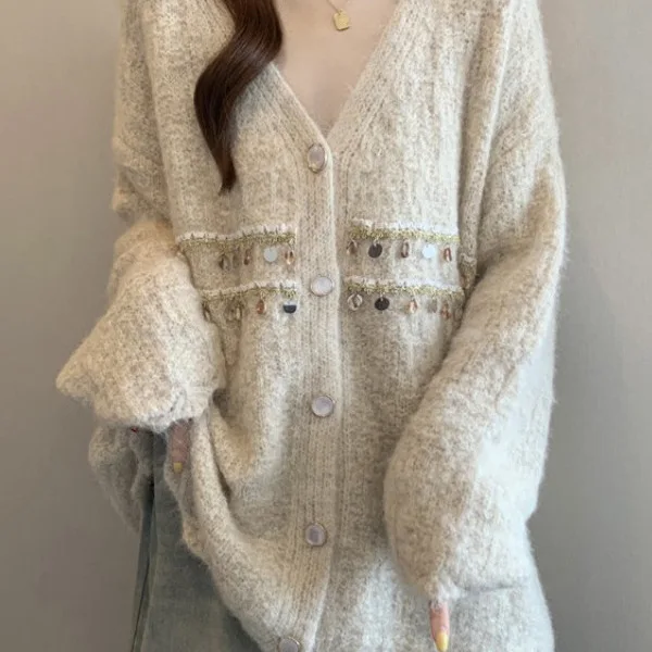 

V-neck Sequin Sweater Jacket for Women 2025 Autumn Winter Knitted Cardigan Soft Top