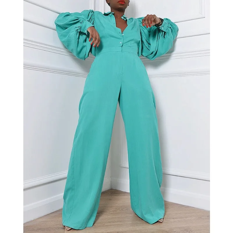 Jumpsuits Women One Piece V Neck Full Sleeve Overalls Lace Up Tight High Waist Belt Rompers Wide Leg Long Pants Casual Loose