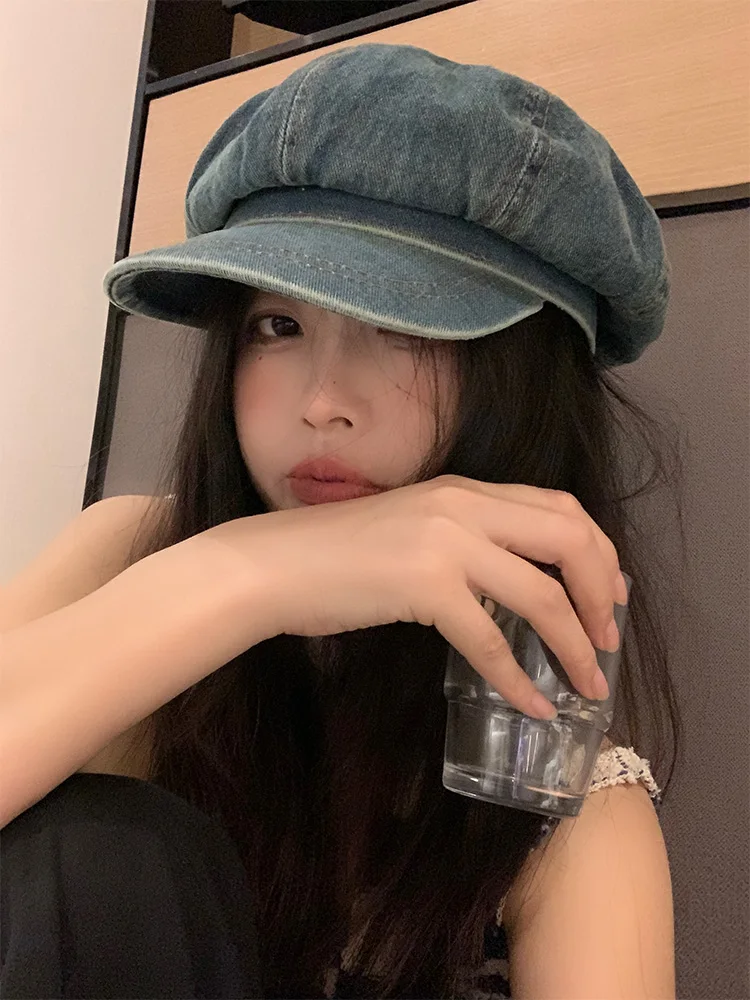 Washed out Japanese Style Beret Hat for Women with Wide Brim Small Face Effect Eight Pointed Cowgirl Cap Blue Painter Hat