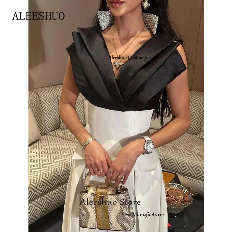 Aleeshuo Moderne schwarze A-Linie-Satin-Abendkleider, elegantes, mit Perlen besetztes, ärmelloses Ballkleid, plissiert, sexy V-Ausschnitt, 2025, individuell gestaltet