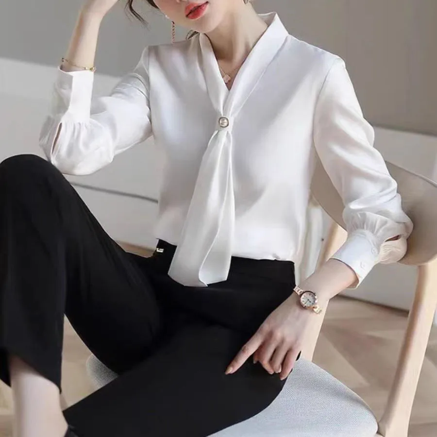 Women Spring Autumn Style Blouses Shirts Lady Casual Long Sleeve Bow Tie Collar Blusas Tops Office Lady Shirt Female Clothes Top