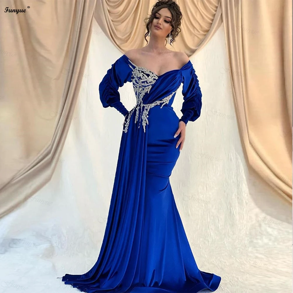 Funyue Royal Blue Mermaid Muslim Evening Dresses Long Sleeves Beaded Lace Off Shoulder Dubai Saudi Arabric Formal Prom Gowns