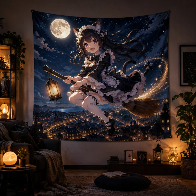 VIKAMA Cat-Eared Witch Anime Tapestry, Cute Magical Girl Print Wall Hanging, Dorm Room and Bedroom Backdrop, Home Decor