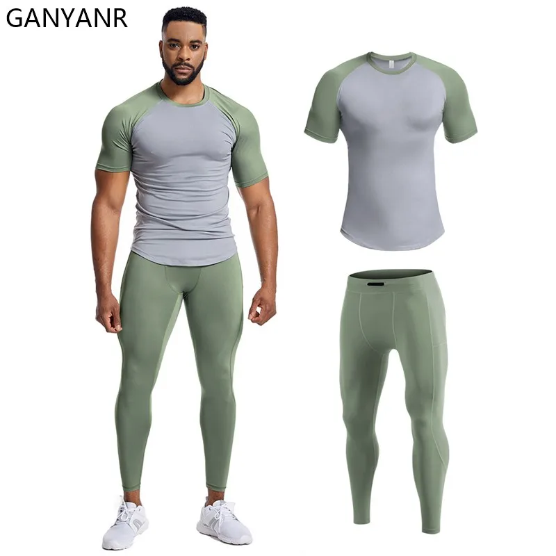 GANYANR Running Suit Men Sports set Clothing T-shirt Sweatshirt gym Football basketball Soccer Sweatpants fitness Tracksuit yoga