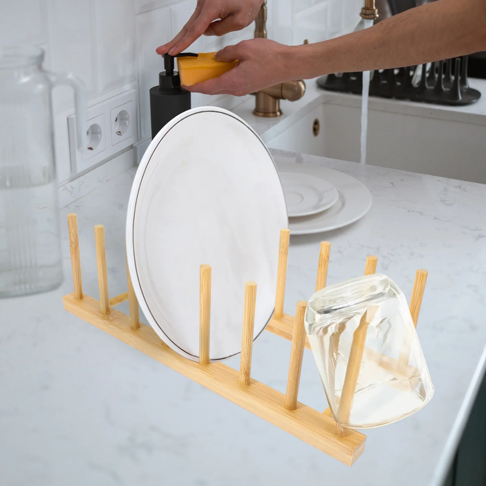 

Bamboo Dish Draining Rack Kitchen Plate Stand Easy Use Countertop Organizer Attractive Look Home Dining Room Storage