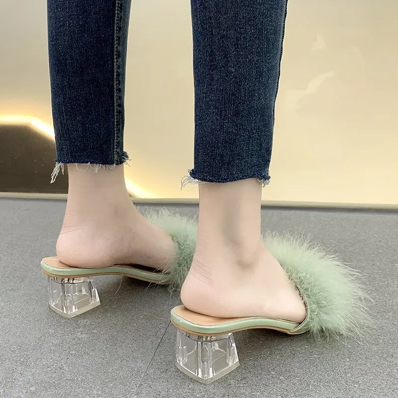 New Summer Fluffy Sexy High Heels Peep Toe Women Shoes Fur Feather Lady Fashion Wedding Slip-On Pink Square Toe Women Slippers