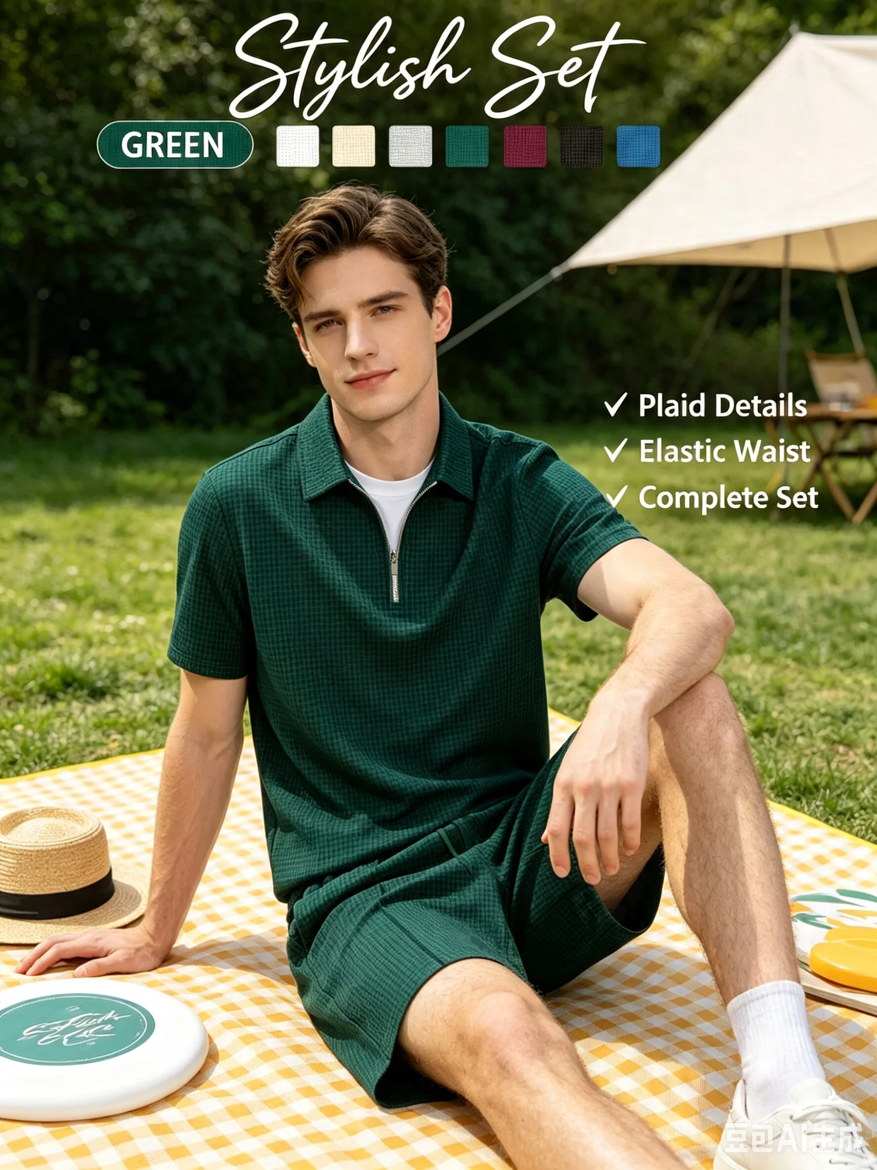 Men Summer Waffle Knit 3-Piece Outfit, Half-Zip Polo with Long Pants & Shorts in Two Styles, Daily Casual & Outdoor Wear - view 5