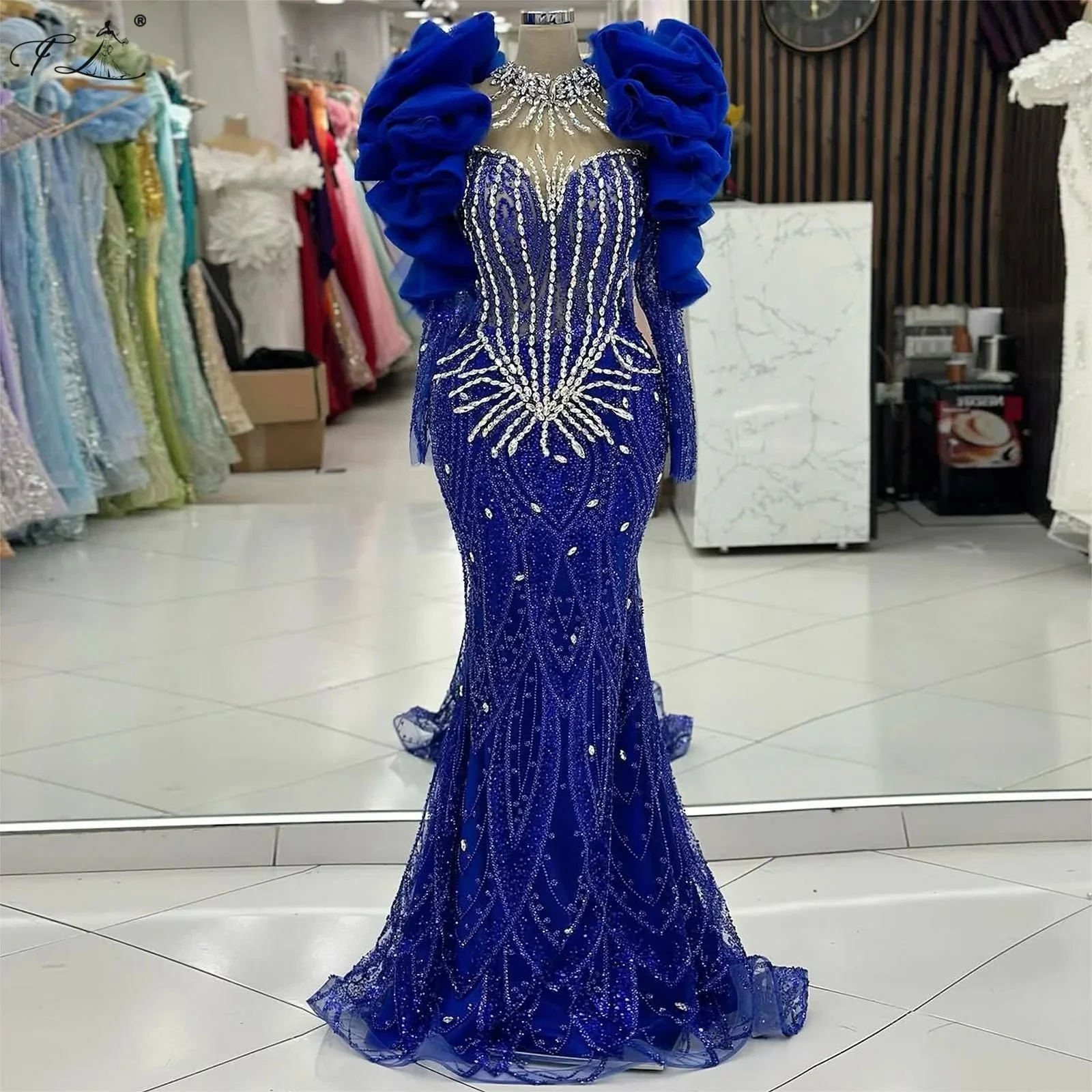 

Luxury Evening Dresses 2025 With Ruffled Shoulders And Wavy Edges Rhinestone Mermaid Gown Long Lace Tulle Skirt Cocktail Party