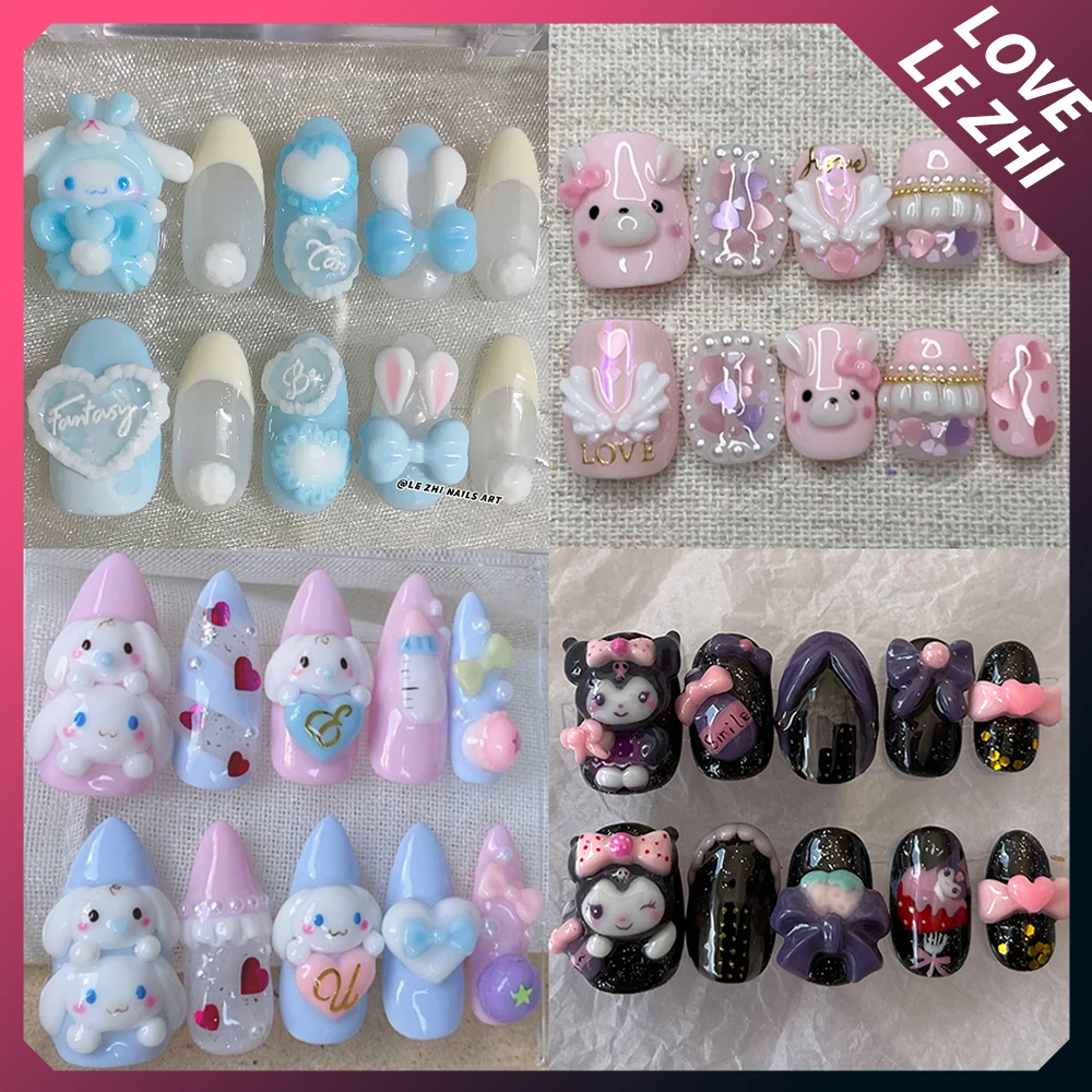 Sanrio Handmade 3D Hello Kitty Cinnamoroll Kuromi Handmade Press On Nails Bowknot Wings Pearl Diamond Wearable Full Cover Nails
