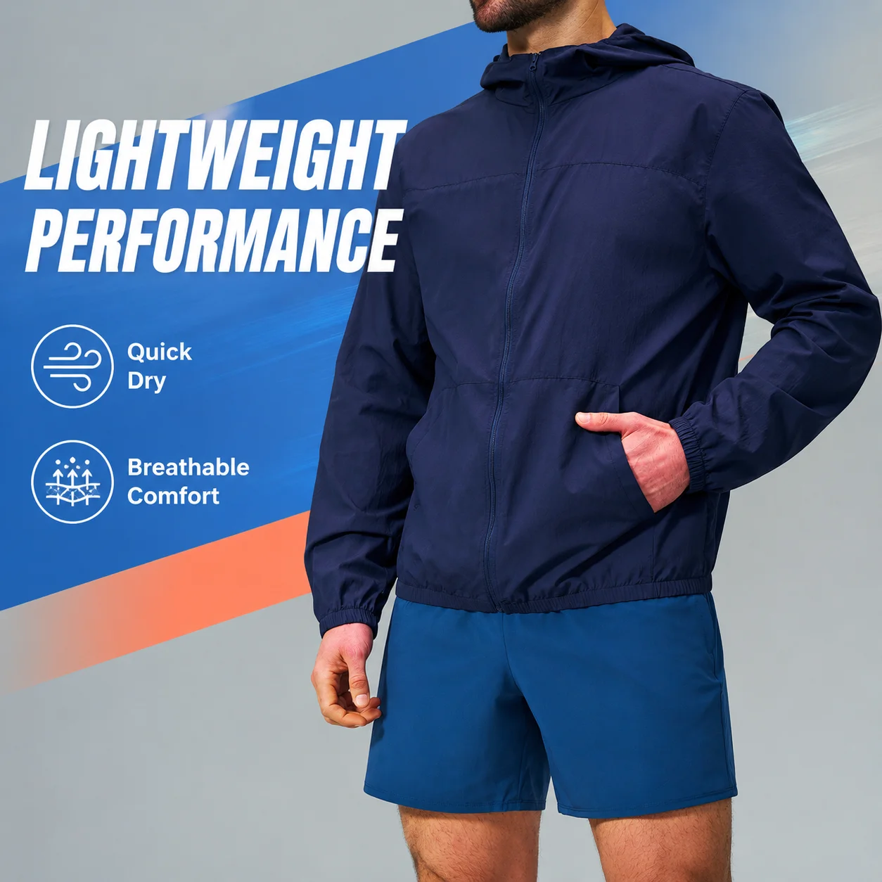Men's Packable Hooded Windbreaker, Lightweight Water-Repellent Running Jacket, Quick Dry Breathable Rain Coat with Pockets for O