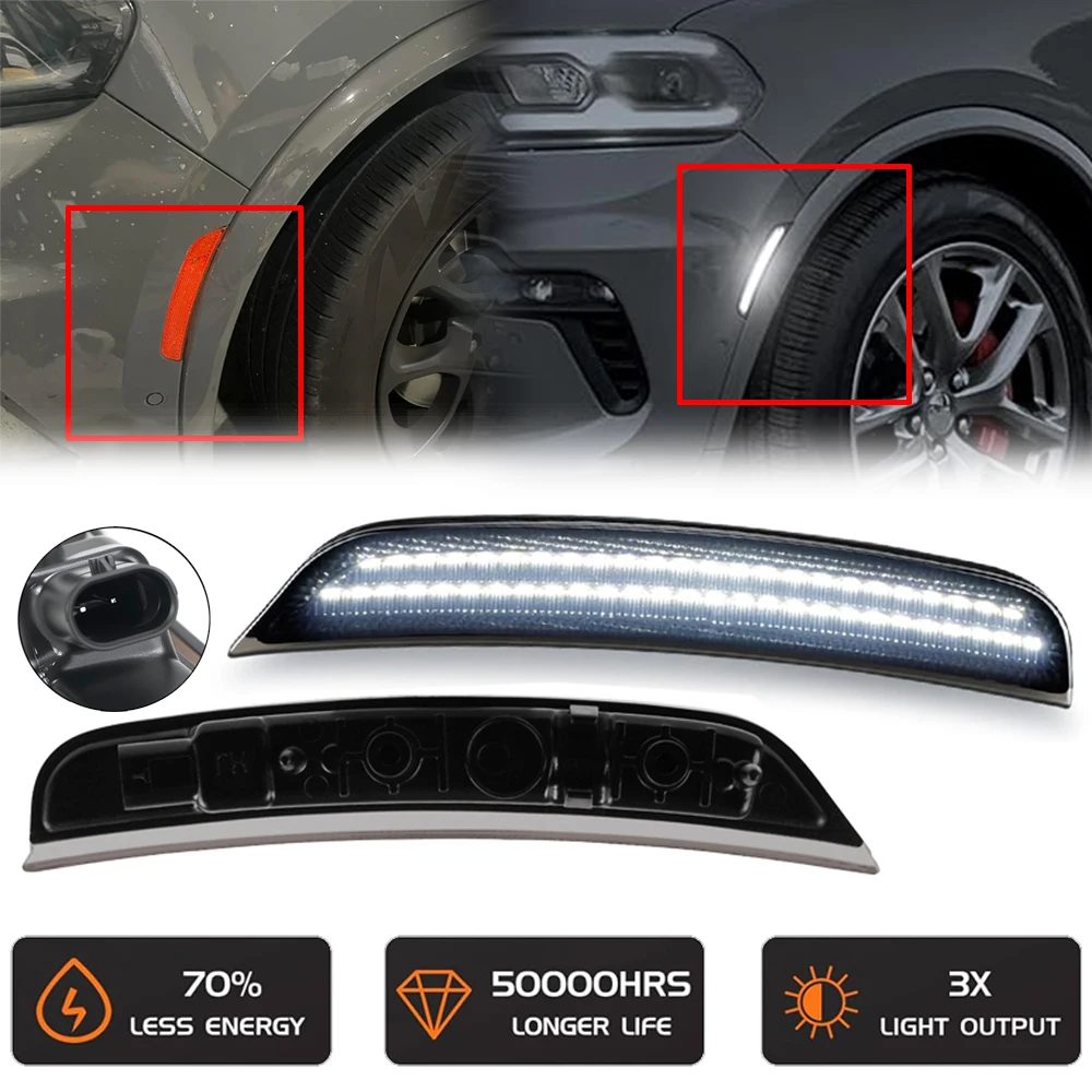 

2Pcs Front Rear Fender LED Side Marker Light for Dodge Durango 2021-2025 White LED Turn Signal Indicator Lamp 68476819AA