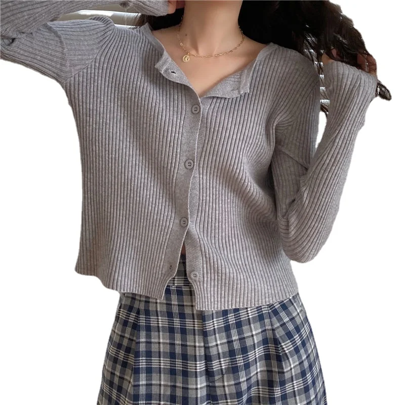 Long Sleeve Chic Korean Button Up Fashion Cardigan Women Casual Knitted Ropa Mujer Ribbed Single Breasted Aesthetic Apricot Top