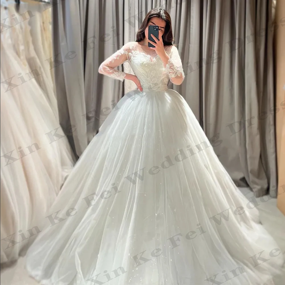 

Gorgeous Women's Bridal Dresses Lace Tulle Applique Princess Wedding Gowns Formal Beach Party Arab Bride Dress Robe De Mariée