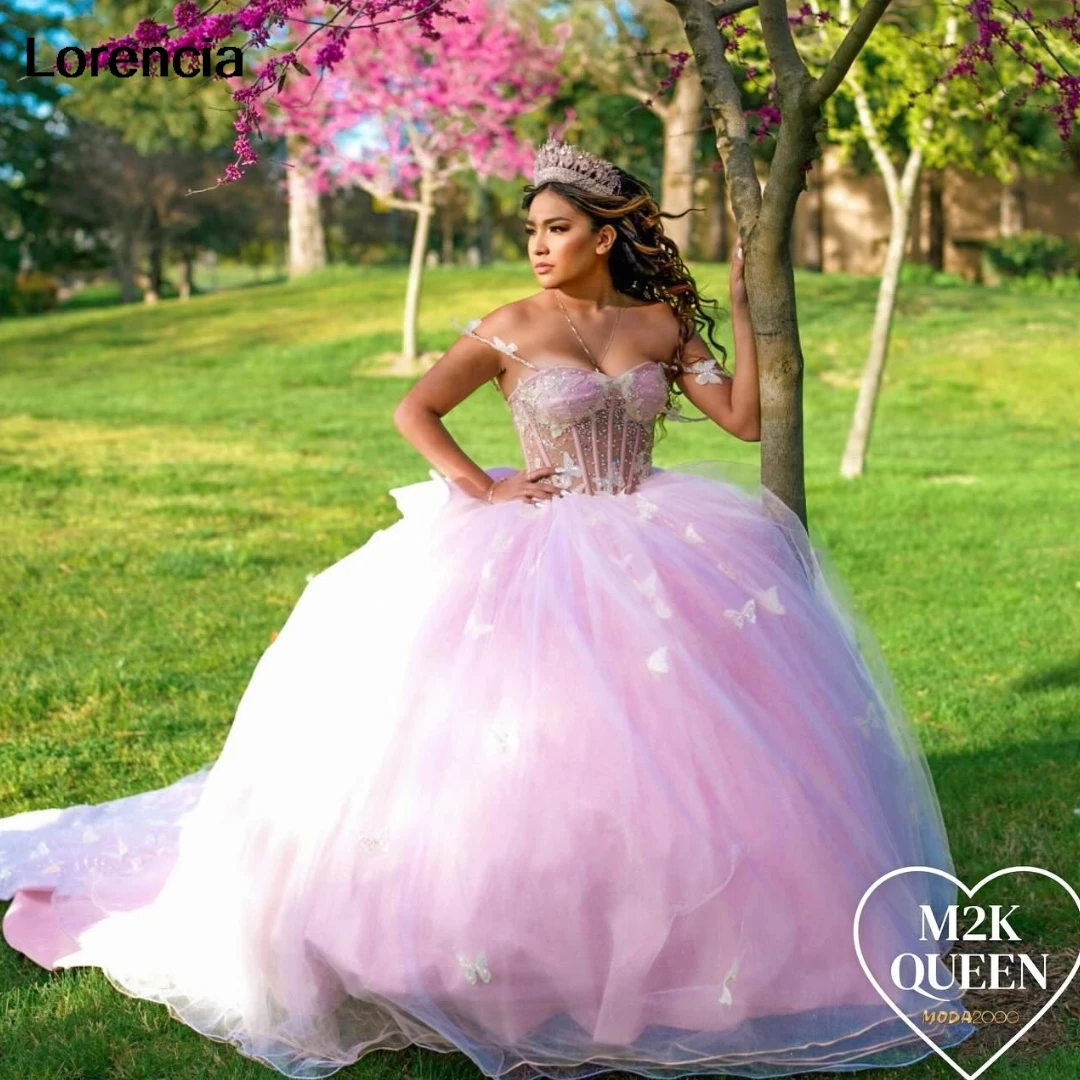 Lorencia Mexicaanse Roze Quinceanera Jurk Baljurk Kanten Vlinder Applique Kralen Corset Sweet 16 Vestidos De 15 Años Yqd892