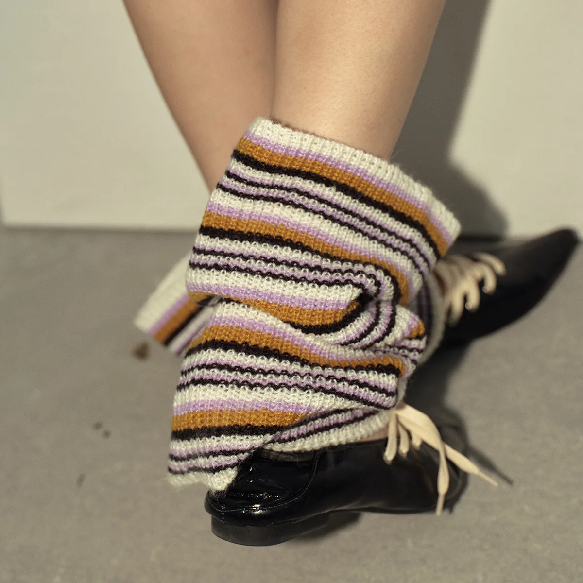 와이드 스트라이프 울 혼방 스택 니트 레그 워머 여성용 가을 겨울【디자이너 스타일 따뜻하고 다용도】