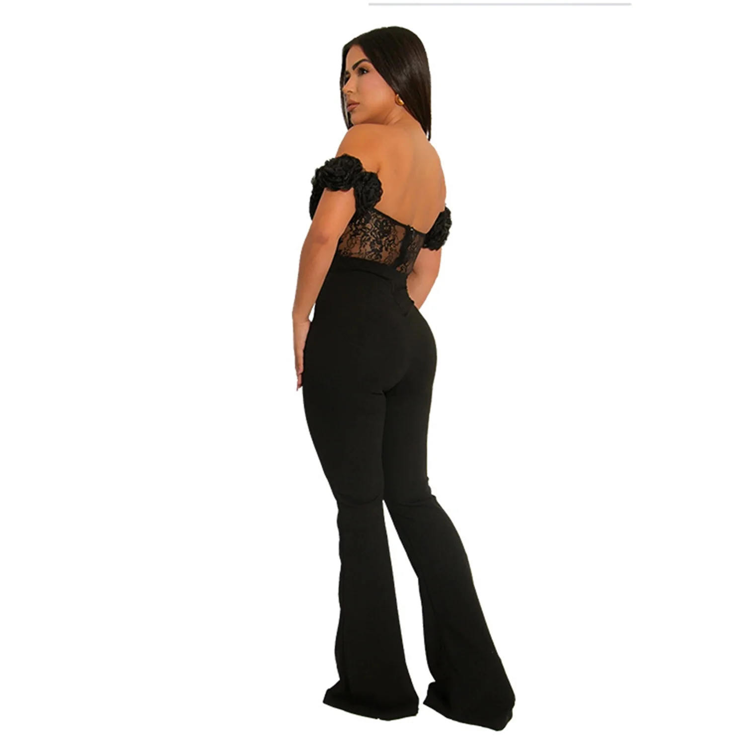 EINY 세련된 우아한 레이스 3D 꽃 Bodycon 점프 슈트 여성 민소매 백리스 플레어 바지 원피스 Romper 여성 streetwear 오버올