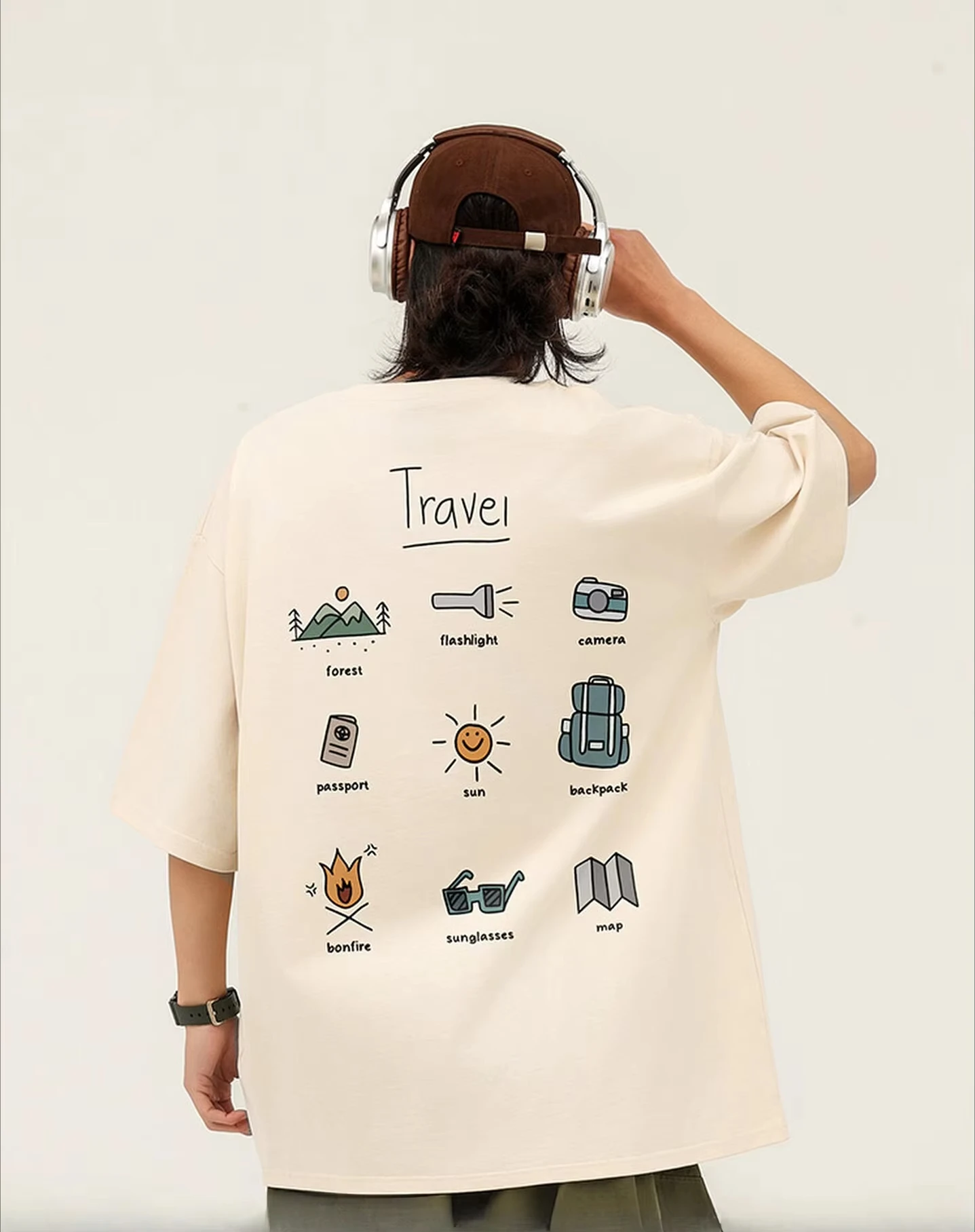 2026 Black Crew Neck T-shirt Front Mini Sun Graphic Back Travel Outdoor Icon Cartoon Print Unisex Cotton Short Sleeve Tee