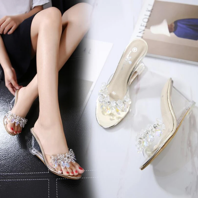 STAN SHARK Women Crystal Slipper Wedge Sandals Female Sexy Crystal Transparent High Heels Rhinestone Wedge Sandals