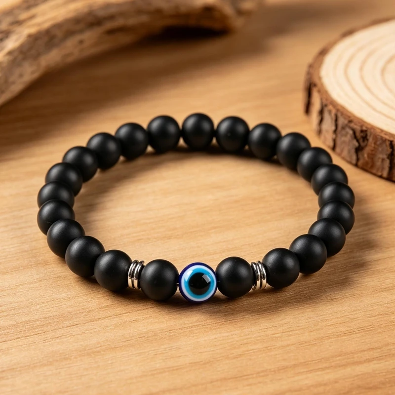 Black Evil Eye Beaded Bracelet Synthetic Imperial Jasper Cat Eye Stone 8mm Charm Jewelry for Women Men Natural Unisex Stone Gift