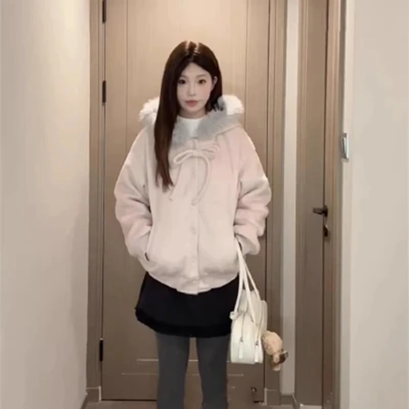 Pink Bow Hooded Jacket Women Long Sleeve Fur Collar Patchwork Korean Hoodies Loose Casual Button Sweet Female Streetwear Outwear