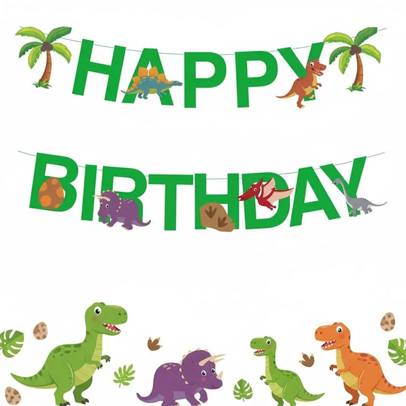 Happy Birthday Girls Boys Cartoon Dinosaurs Theme Party Wall Hanging Flags Banners for Family Home Holiday Festival Decoration