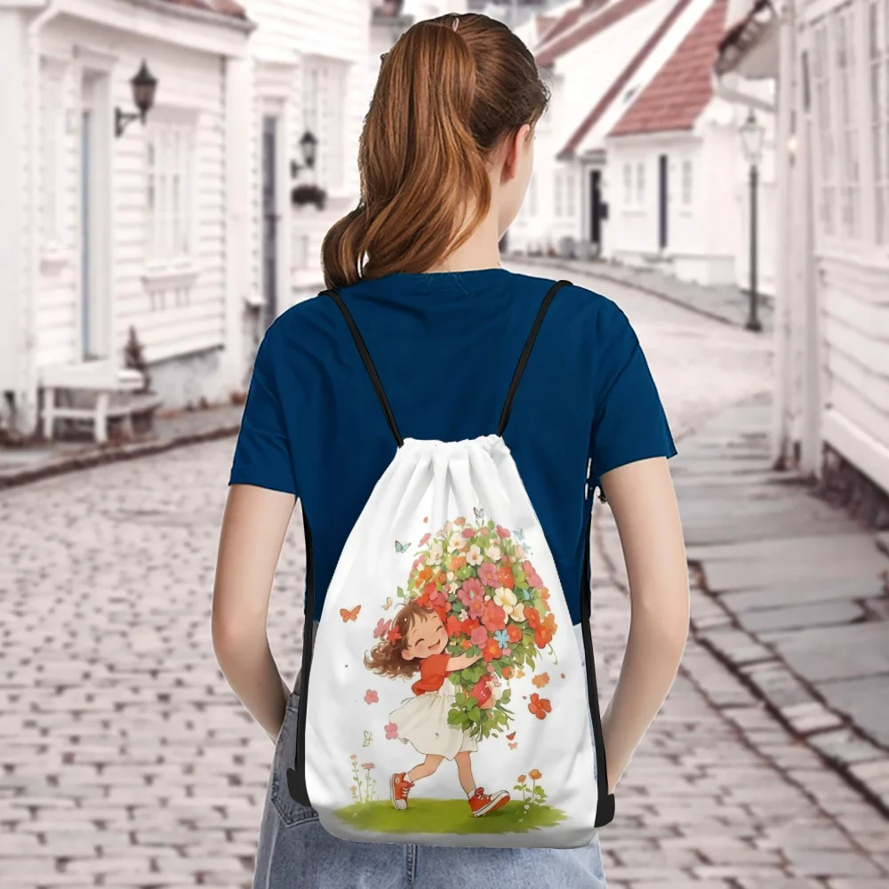 1pc Personalized Cute Girl Pattern Drawstring Bag Customizable Text Sports Backpack for Gym Workout Travel Picnic