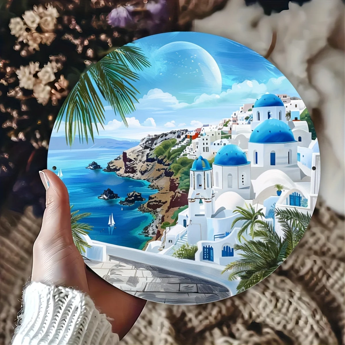 2D Flat - A Flat Aluminum Foil Art Plate, Measuring 20.32 by 20.32 Cm, Features a Two-Dimensional Depiction of The Santorini Lan