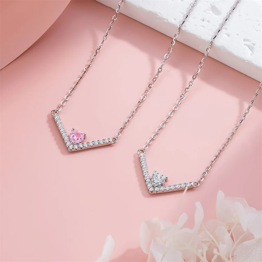 

Korean 925 Sterling Silver Niche Necklace, V-Shaped Full-Diamond Heart High-End Exquisite Peach Heart Collarbone Chain for Women