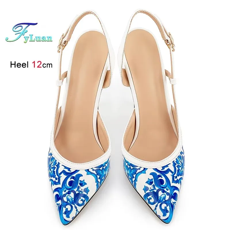 

Внешняя торговля, туфли с неглубоким носком, женские сандалии на высоком каблуке, синие и белые фарфоровые сандалии в китайском стиле с острым носком и задним ремешком