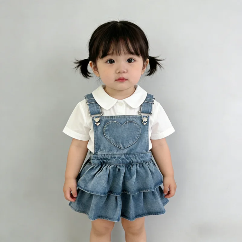 2026 Summer New Girls Ruffle Tiered Dress Children Heart Denim Strap Dress Sweet Baby Girl Sleeveless Dress Toddler Clothes
