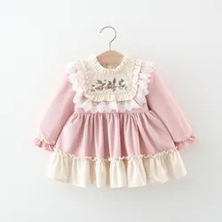 2024 New Spring Girls' Long Sleeved Dress Long Sleeved Baby Girl Fashionable Cute Lace Embroidered Princess Dress