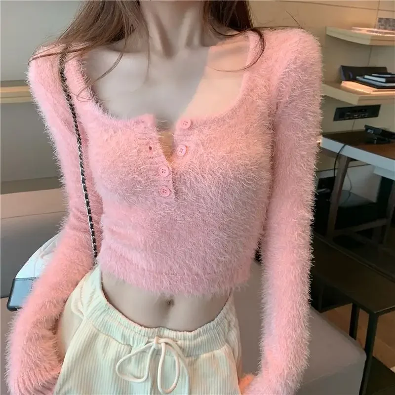 Mohair Knitted Shirt Y2K Pink Sweet Crop Top Gentle Bodycon Hot Girls Pullover Low Round Collar Sexy Sheath Sweater N608