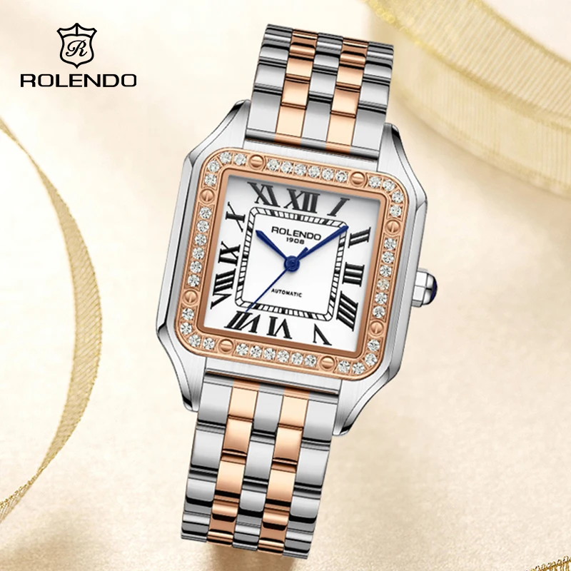

ROLENDO Luxury Santos Square Watch for women 33mm Diamond-Set Sapphire Crystal Roman Scale 50M Waterproof Automatic Watches Gift