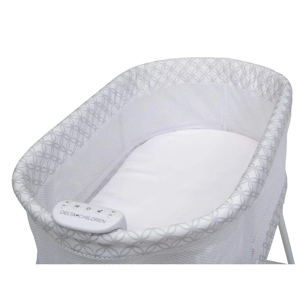 Bassinet mimpi manis dengan aliran udara jaring boks bayi portabel samping tempat tidur dengan lampu getaran dan musik, abu-abu tak terbatas