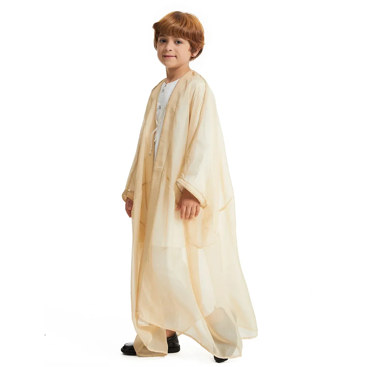 Fashion Muslim Idul Fitri Abaya untuk Anak-anak Gaun Sholat Anak Laki-laki Arab Saudi Longgar Kimono Kaftan Terbuka Abaya Dubai Pakaian Islami Jubah Anak