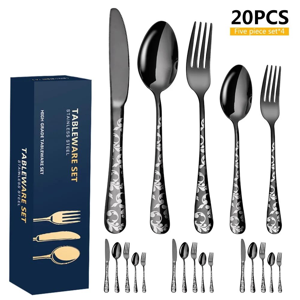 

Flower Pattern Stainless Steel Tableware 5 Combination 20 Piece Set Flower Handle Knife Fork Spoon Set Cake Fork Coffee Spoon