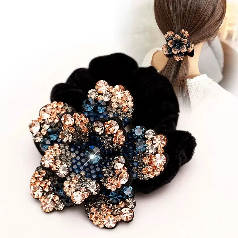 Women Rhinestone Scrunchies Velvet Elastic Hair Bands Flower Hair Rope Rings Ponytail Holder Crystal Headwear Hair Accessories