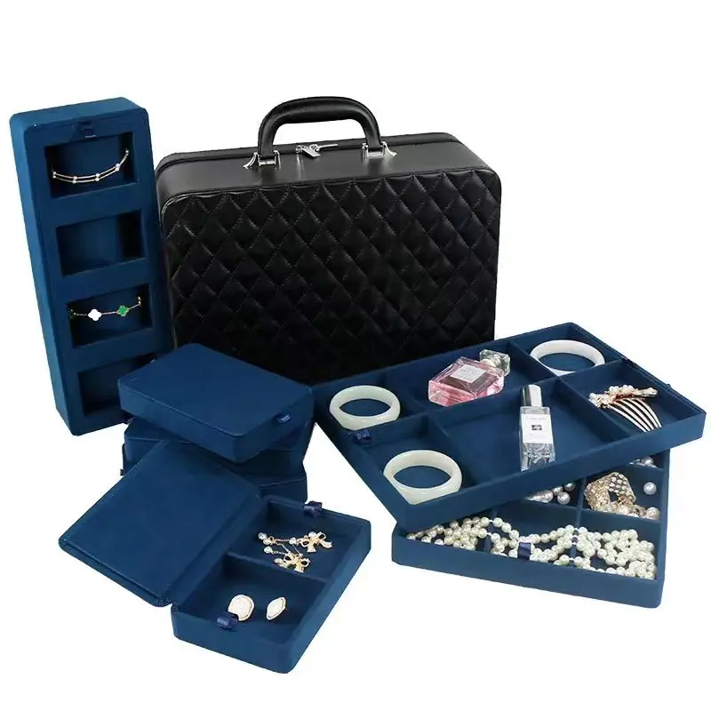 Factory Large Storage Leather Travel Jewelry case Boxes Organizer Suitcase With Handle