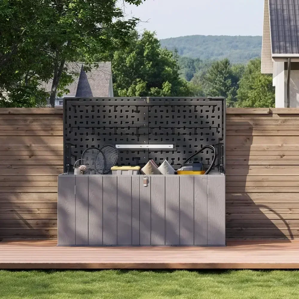 Outdoor Storage Shed, 160 Gallon Waterproof Deck Box, Lockable Container for Patio Furniture, Garden, Tools, Grey