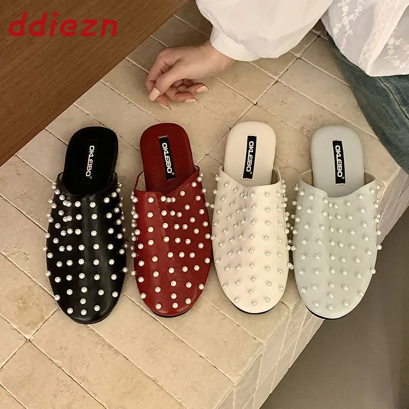 

Summer Beach Slides Flats Women Mules Slippers Shoes Female Sandals Luxury String Bead Fashion Round Toe Ladies Slippers Shoes
