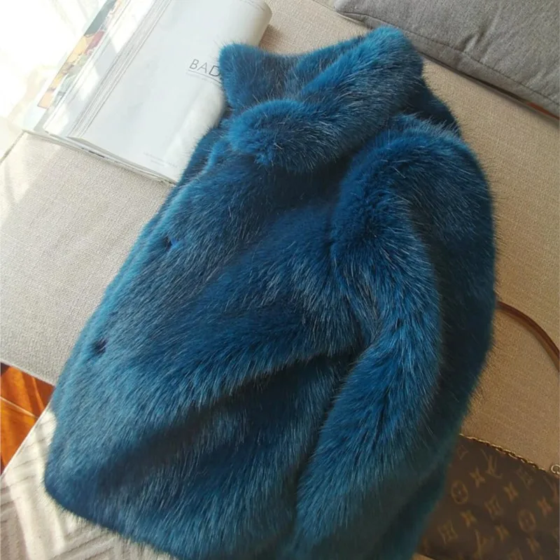 Invierno Vintage Cabry azul peludo peludo abrigo de piel sintética The Spice Girls manga completa solapa peluda chaqueta cálida mujer abrigo corto