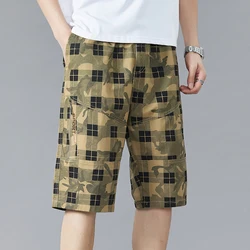 Men's Checkered Solid Color Elastic High Waisted Zipper Letter Casual Clothing Summer Straight Cargo Pencil Trousers Shorts