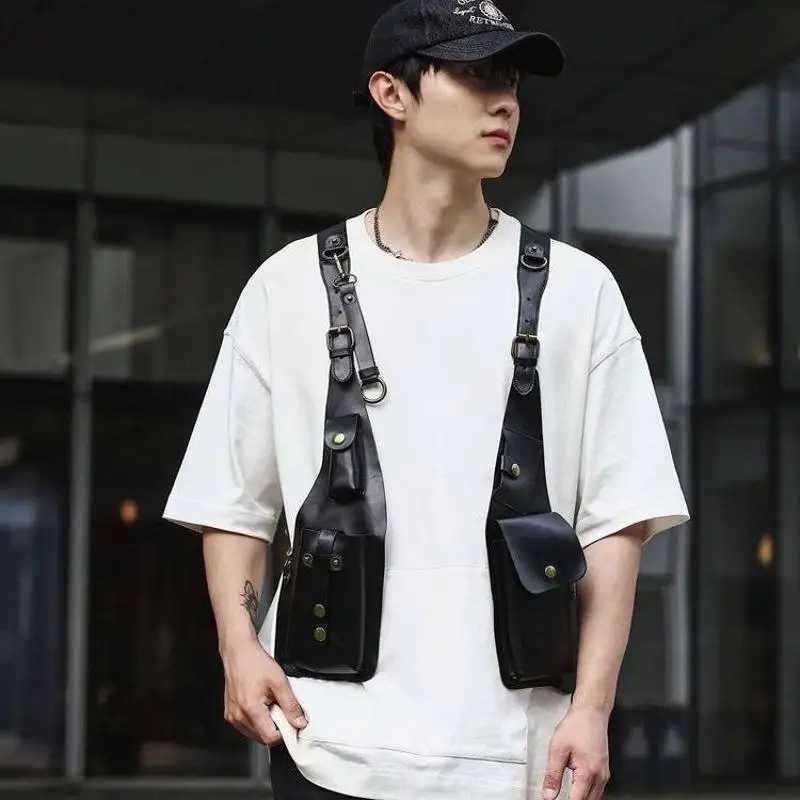 Vintage Underarm Purse Men punk Shoulder bag Women Leather Harness Intercom bag Phone Wallet Case Holster Bag Cross Belt Costume